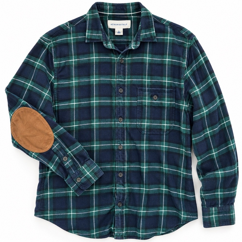 Aeropostale Flannel Shirt L Navy Green Plaid Elbow Patch Dark Academia Preppy
